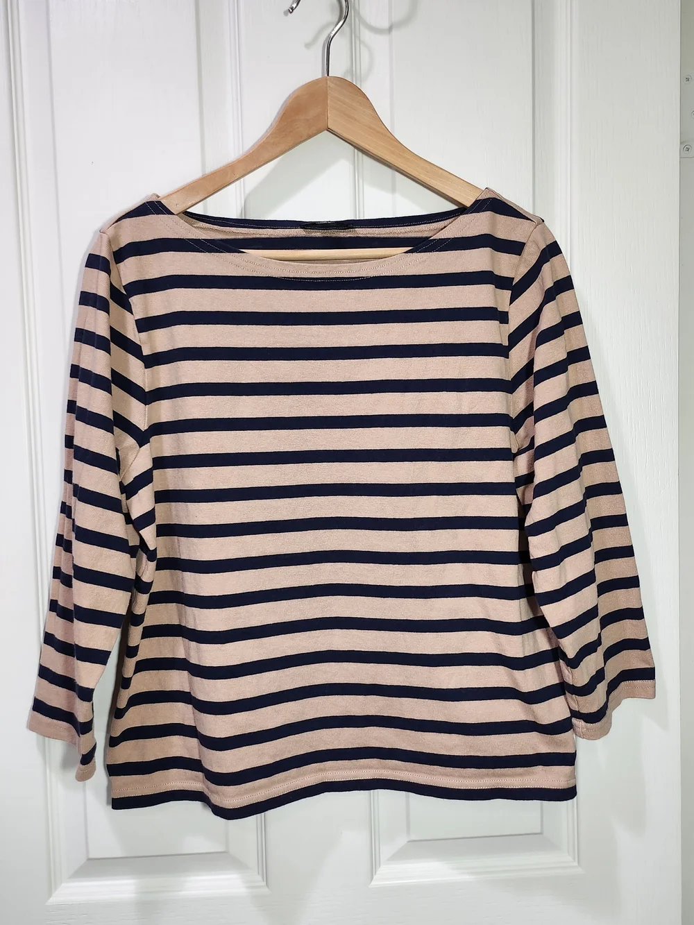 J.Crew Striped Boatneck Top Beige Navy Blue 100% Cotton Size L